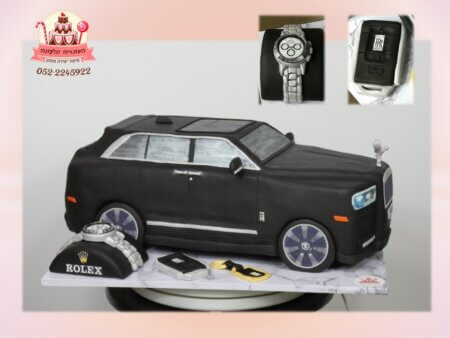 עוגת יום הולדת בעיצוב מכונית רולסרויס ושעון יוקרה