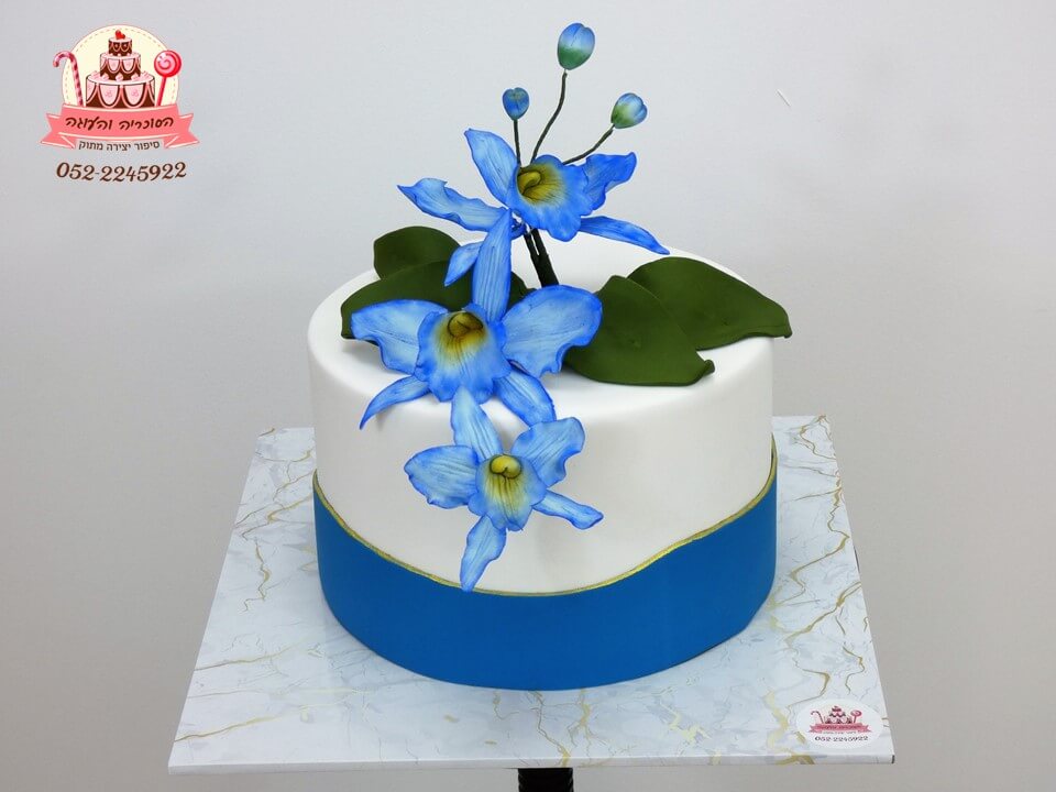 עוגה למבוגרים מעוצבת פרחי סחלב כחולים מבצק סוכר