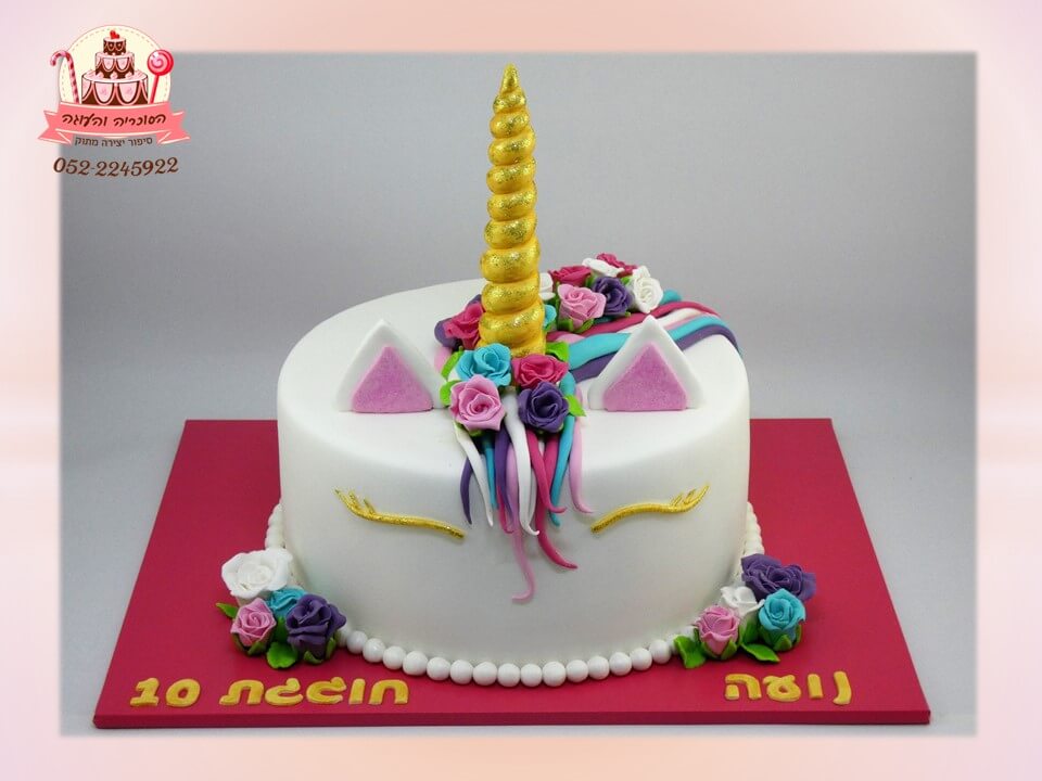 עוגת יום הולדת, עוגת חד קרן לנועה בת 10 מעוצבת מבצק סוכר