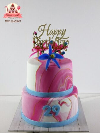 עוגת יום הולדת 29 פרחי סחלב כחול לשני חוגגים